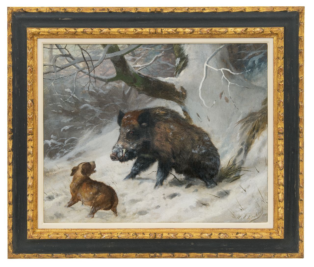 Deiker C.F.  | Carl Friedrich Deiker, Hound tracking down a wild boar, oil on canvas 40.2 x 49.8 cm, signed l.r. and dated 1888