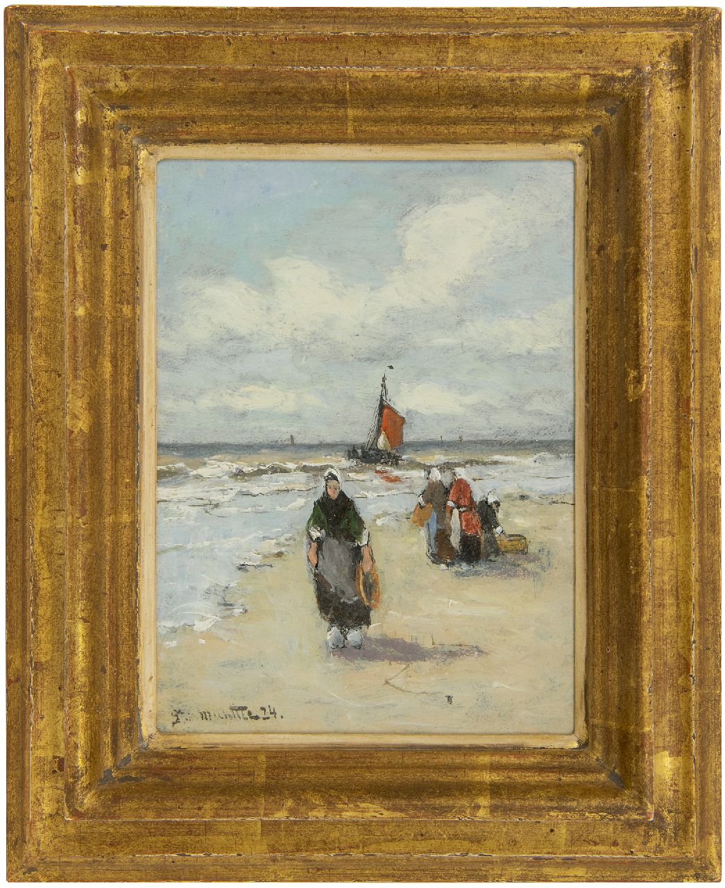 Munthe G.A.L.  | Gerhard Arij Ludwig 'Morgenstjerne' Munthe, Fisherman's wives on the beach, oil on board 20.0 x 15.0 cm, signed l.l. and dated '24