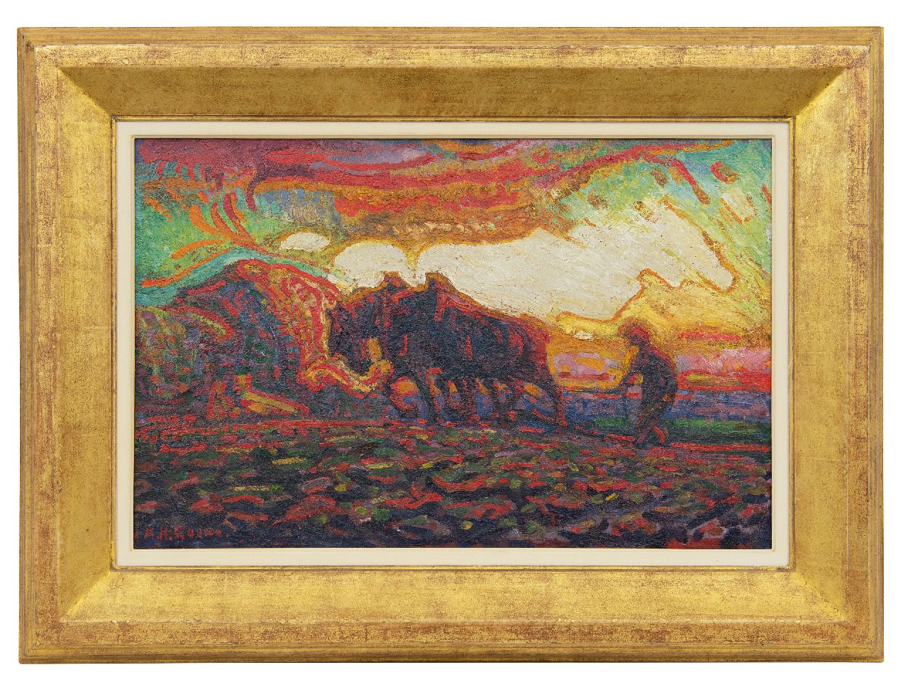 Gouwe A.H.  | Adriaan Herman Gouwe, Plowing farmer, oil on canvas 31.4 x 48.4 cm, signed l.l. and painted ca. 1910-1915