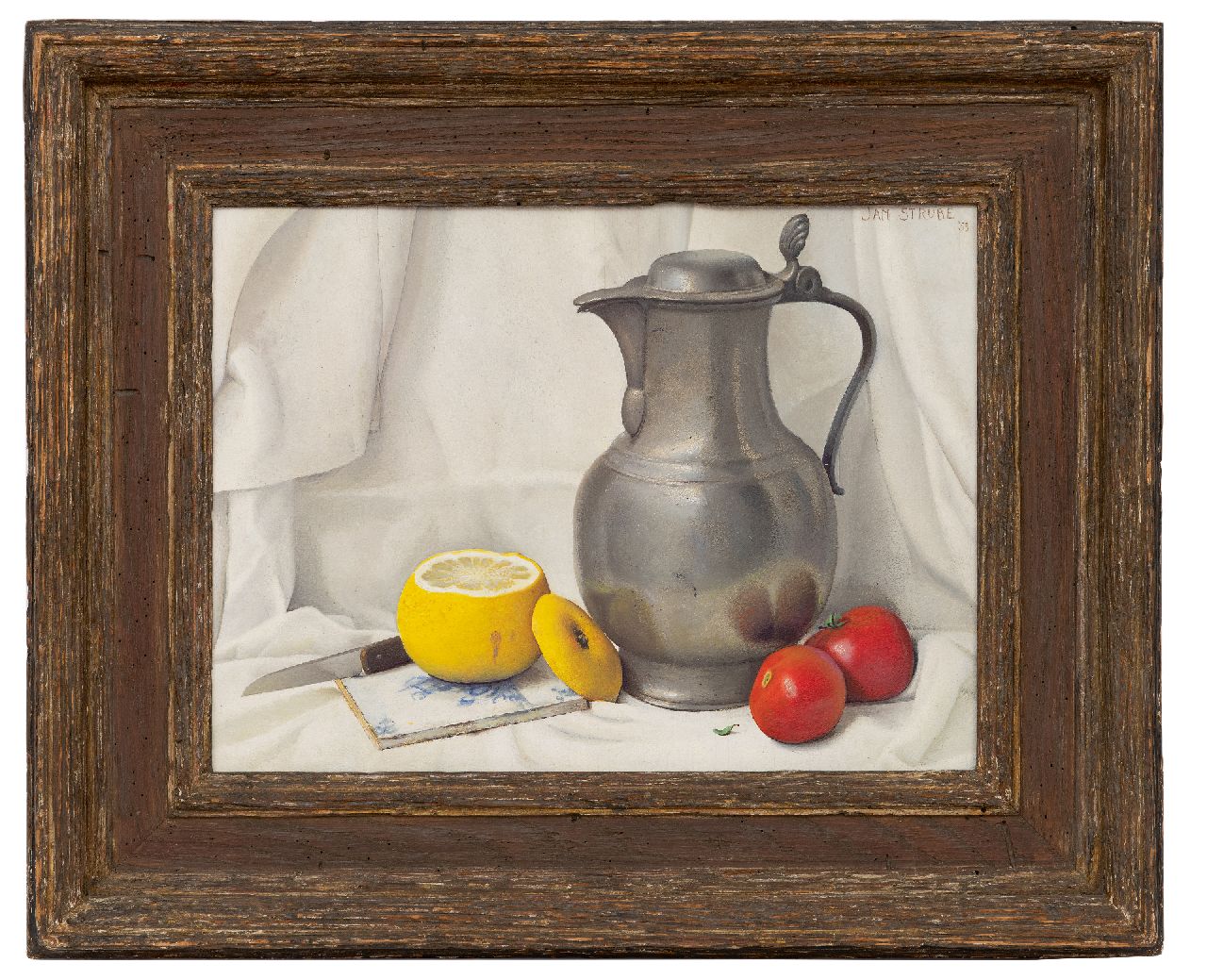 Strube J.H.  | Johan Hendrik 'Jan' Strube | Paintings offered for sale | Still life with a tin jar, a lemon and tomatoes, oil on panel 31.1 x 40.8 cm, signed u.r. and dated '53