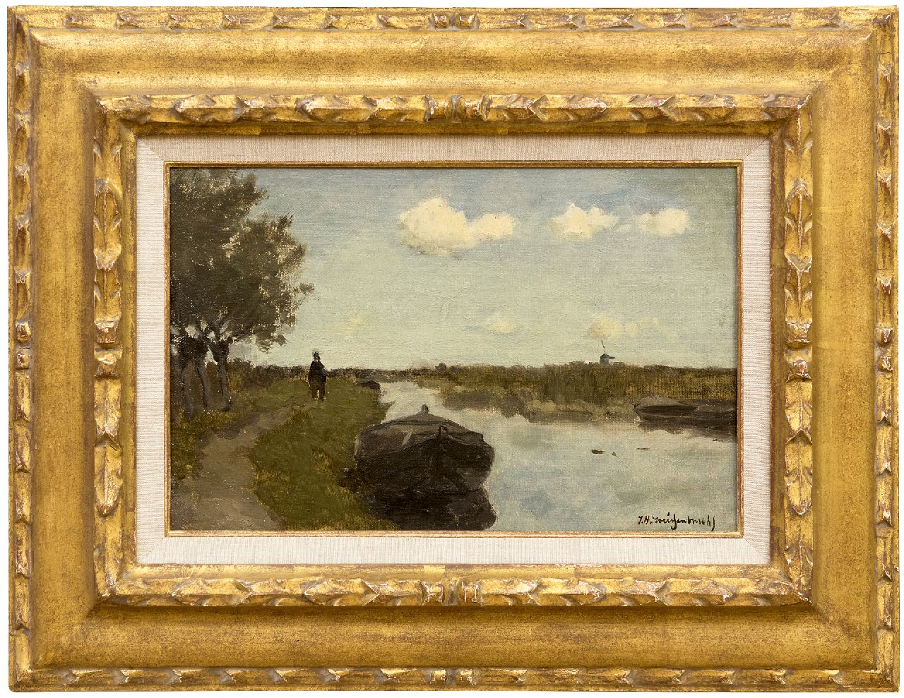 Weissenbruch H.J.  | Hendrik Johannes 'J.H.' Weissenbruch, Along the towpath, oil on canvas laid down on panel 21.0 x 31.0 cm, signed l.r.