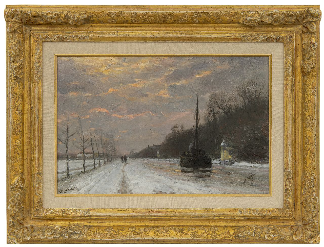 Apol L.F.H.  | Lodewijk Franciscus Hendrik 'Louis' Apol, A barge on the river Vecht in winter, oil on panel 27.5 x 42.1 cm, signed l.l.