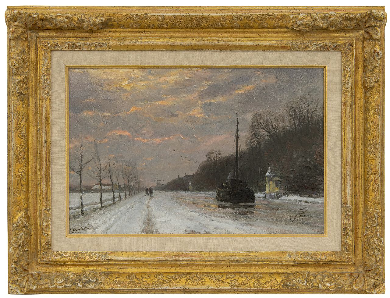 Apol L.F.H.  | Lodewijk Franciscus Hendrik 'Louis' Apol, A barge on the river Vecht in winter, oil on panel 27.5 x 42.1 cm, signed l.l.