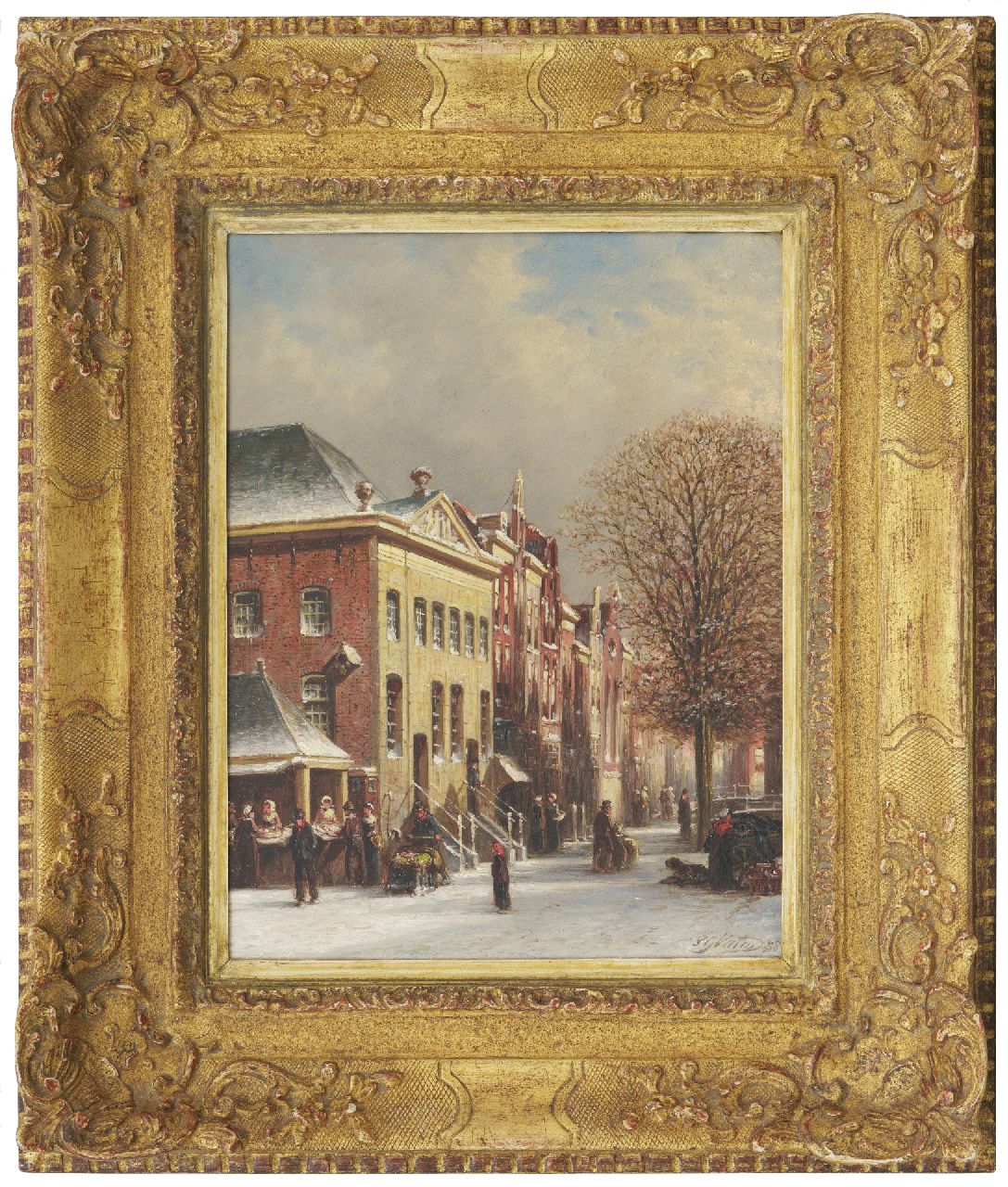 Vertin P.G.  | Petrus Gerardus Vertin | Paintings offered for sale | Wintery street in Delft with the fish banks on the corner with the Voldersgracht, oil on panel 30.8 x 24.3 cm, signed l.r. and dated '88