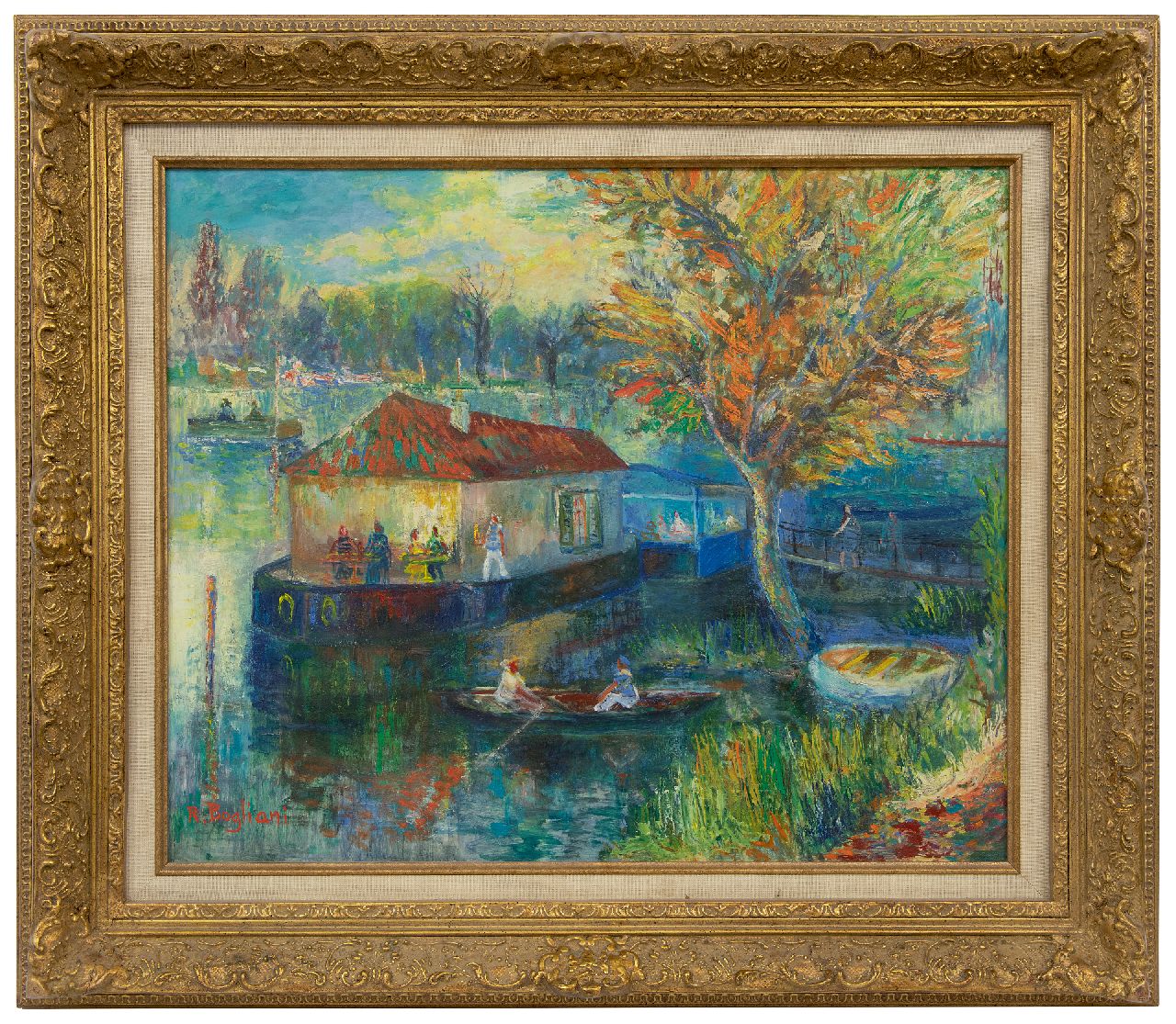 Bogliani R.  | Robert. Bogliani | Paintings offered for sale | summer café on the river, oil on board 50.0 x 61.0 cm, signed l.l.