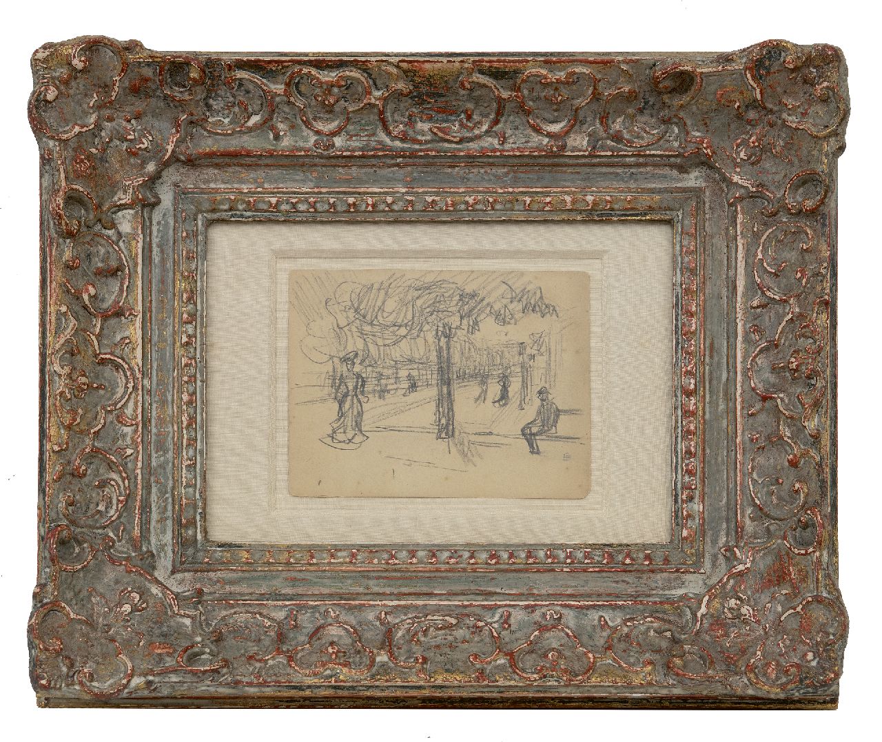 Bonnard P.E.F.  | 'Pierre' Eugène Frédéric Bonnard | Watercolours and drawings offered for sale | Boulevard animé, black chalk on paper 10.9 x 14.0 cm, signed l.r. with monogram