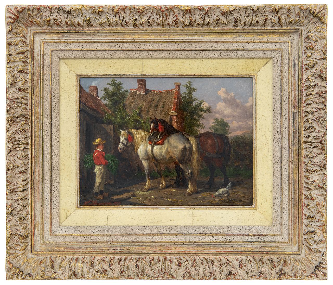 Boogaard W.J.  | Willem Johan Boogaard | Paintings offered for sale | Horses and groomsman by a stable, oil on panel 20.0 x 27.2 cm, signed l.l. and dated 1877