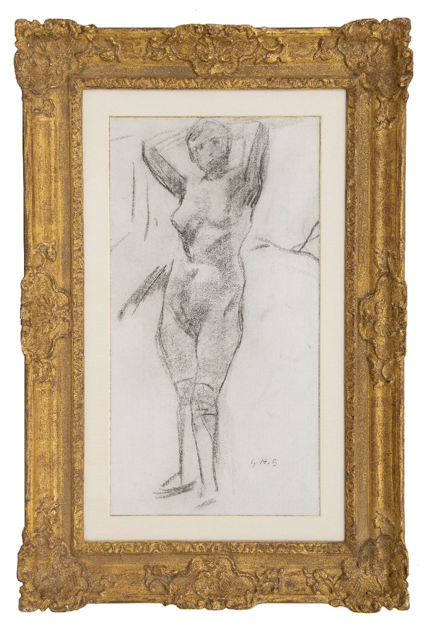 Breitner G.H.  | George Hendrik Breitner | Watercolours and drawings offered for sale | Standing nude, charcoal on paper 56.0 x 30.0 cm, signed l.r. with initials and drawn ca. 1900