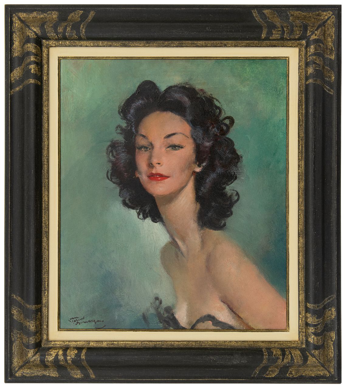 Domergue J.G.  | Jean-Gabriel Domergue | Paintings offered for sale | Jeune femme aux cheveux noirs, oil on board 54.8 x 46.0 cm, signed l.l.