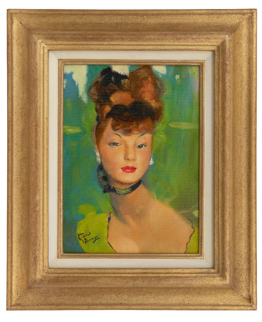 Domergue J.G.  | Jean-Gabriel Domergue | Paintings offered for sale | Young woman dressed in green, oil on canvas 33.5 x 24.0 cm, signed l.l.