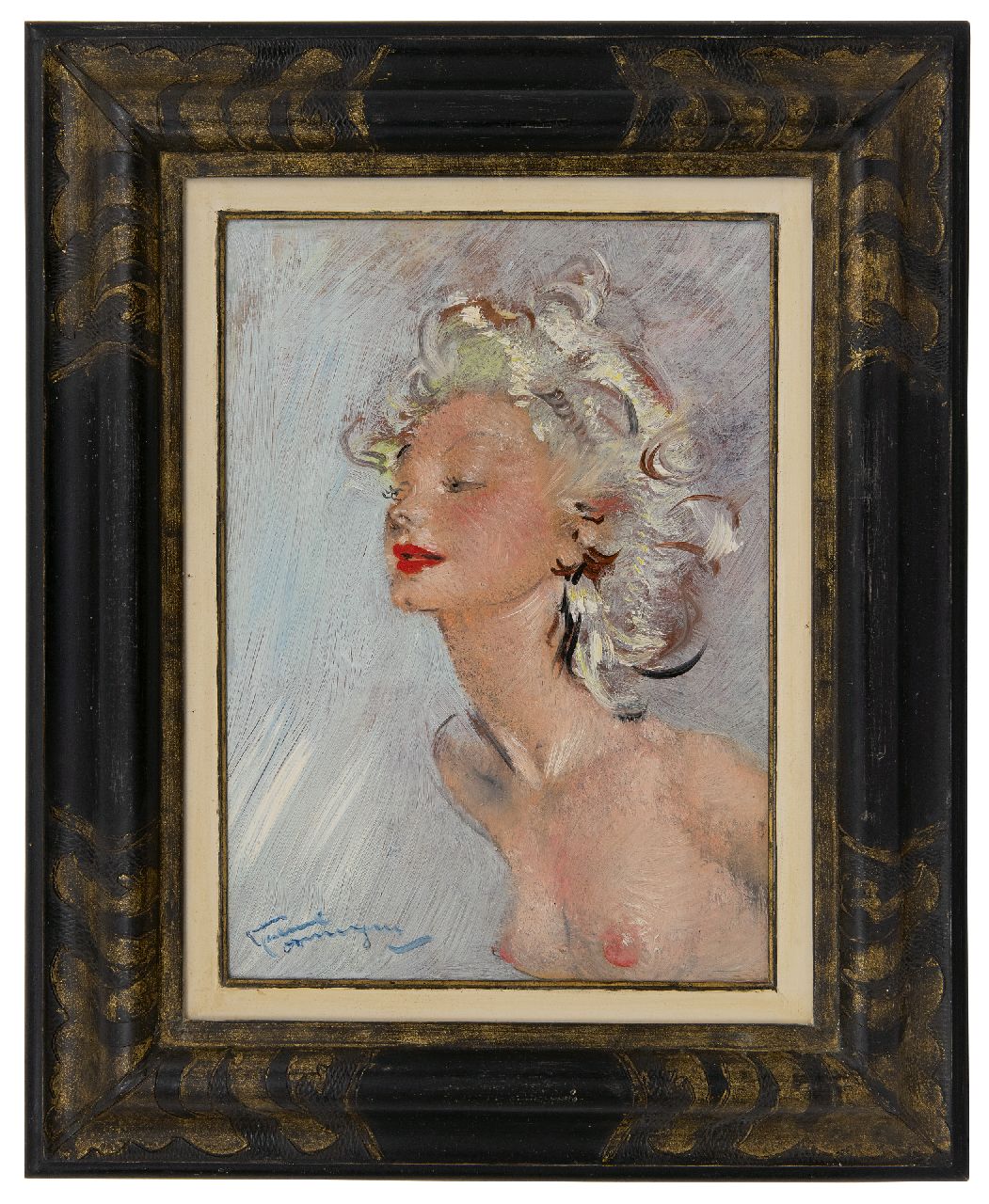 Domergue J.G.  | Jean-Gabriel Domergue | Paintings offered for sale | La blonde, oil on board 33.0 x 41.0 cm, signed l.l.