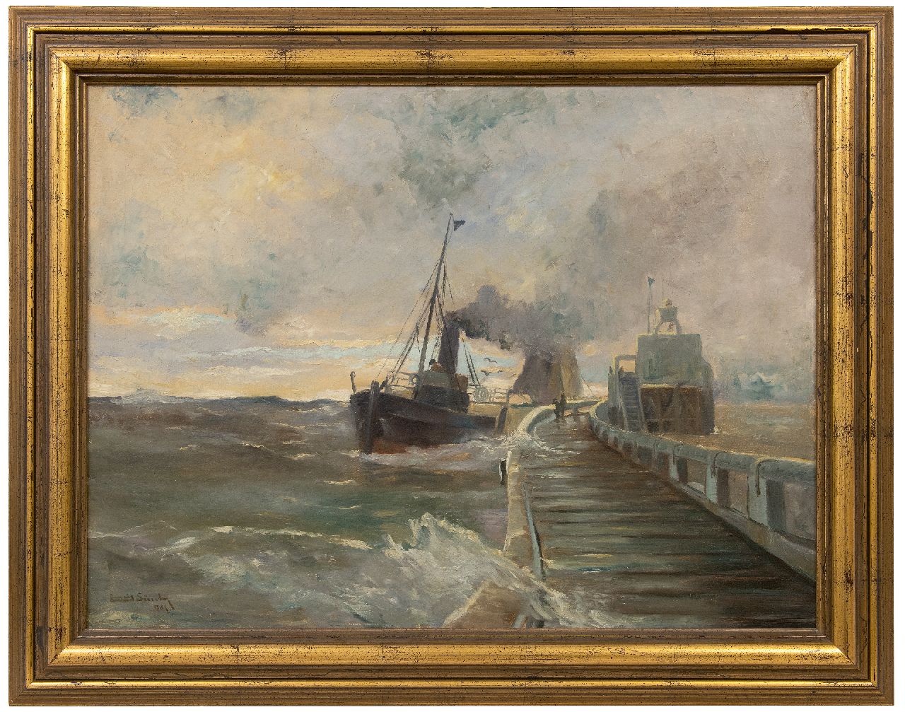 Günther E.C.W.  | 'Erwin' Carl Wilhelm Günther | Paintings offered for sale | Steamboat on a jetty in rough weather, oil on canvas 60.5 x 80.4 cm, signed l.l.
