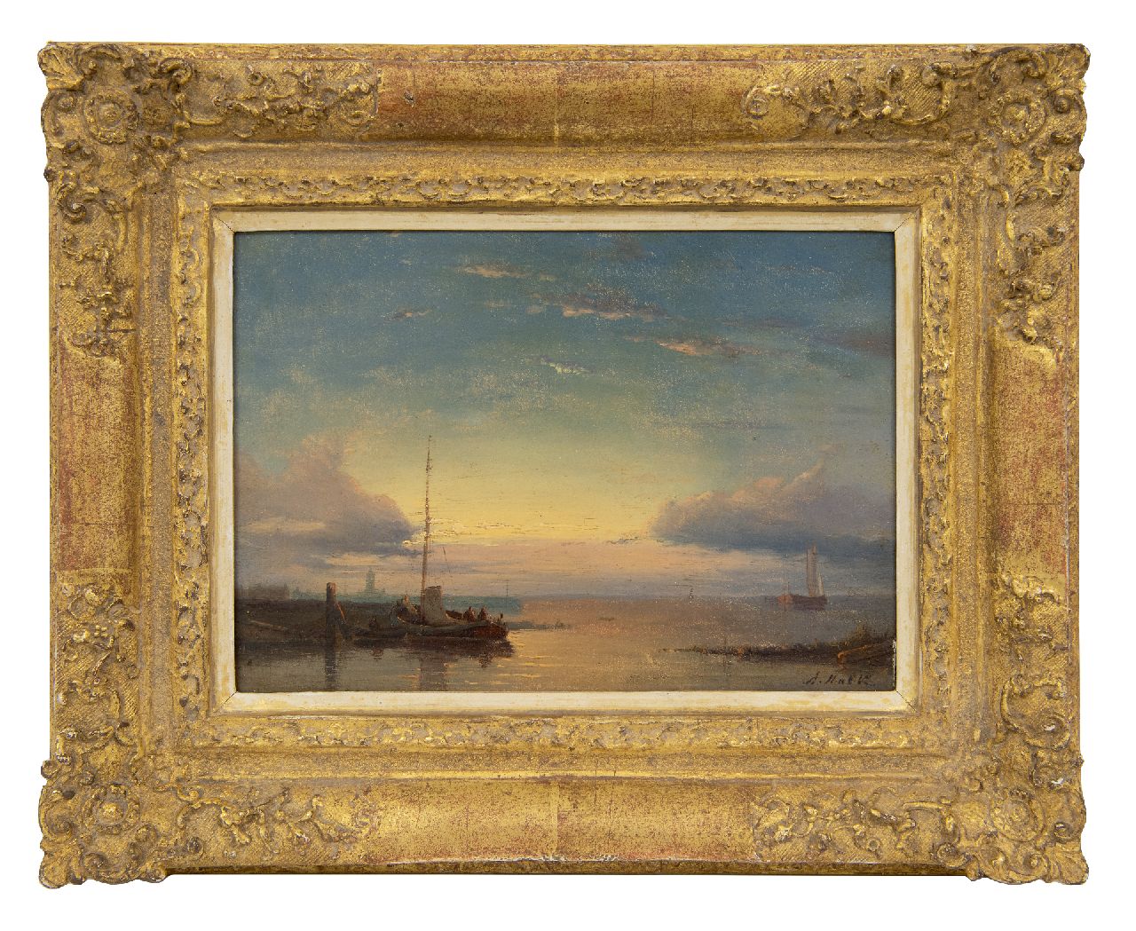 Hulk A.  | Abraham Hulk | Paintings offered for sale | Ships on calm seas at sunset, oil on panel 16.0 x 23.3 cm, signed l.r. and without frame