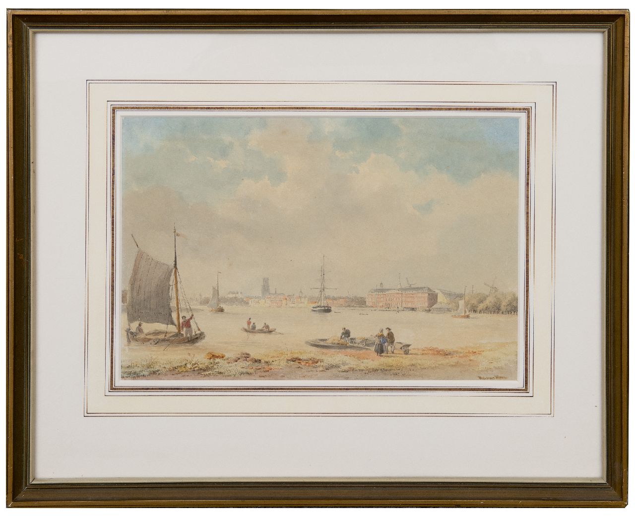 Hove B.J. van | Bartholomeus Johannes 'Bart' van Hove | Watercolours and drawings offered for sale | Shipping on the river near a city, watercolour on paper 24.0 x 35.0 cm, signed l.r.