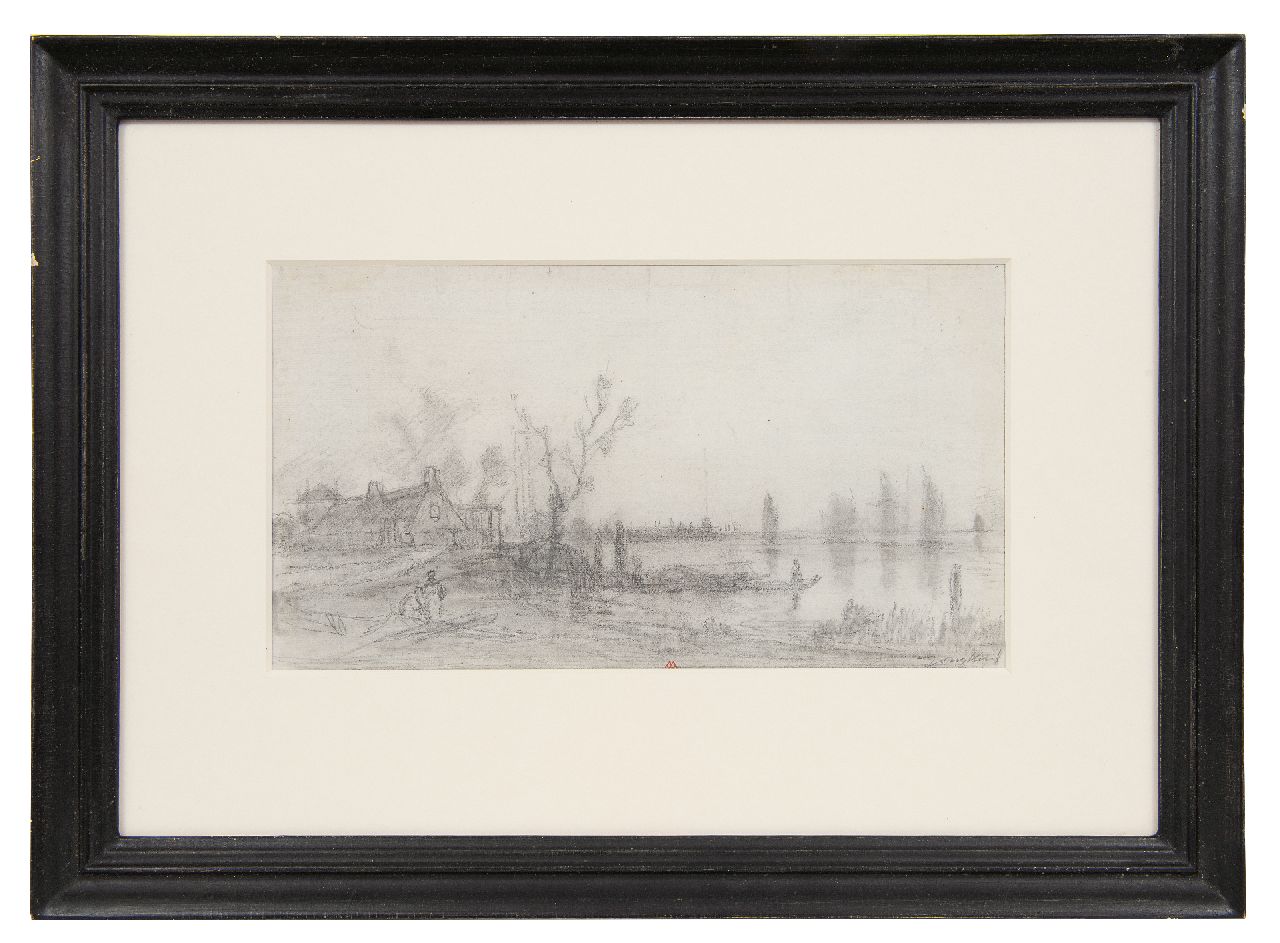Jongkind J.B.  | Johan Barthold Jongkind | Watercolours and drawings offered for sale | A river view; on the reverse: A village, pencil on paper 17.5 x 30.5 cm, signed l.r.