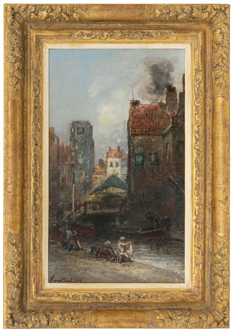 Jongkind J.B.  | Johan Barthold Jongkind | Paintings offered for sale | A view on the Weezenbrug and Vlasmarkt, Rotterdam, oil on panel 37.5 x 22.3 cm, signed l.l. and dated 1856