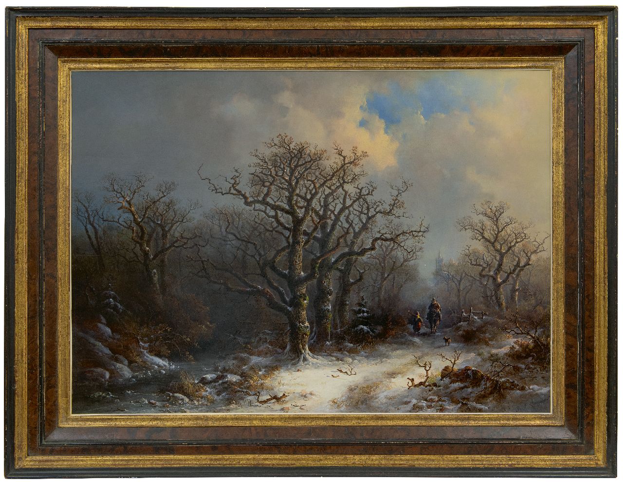 Kluyver P.L.F.  | 'Pieter' Lodewijk Francisco Kluyver | Paintings offered for sale | Country folk on a snowy forest path, oil on panel 61.2 x 84.4 cm, signed l.r.