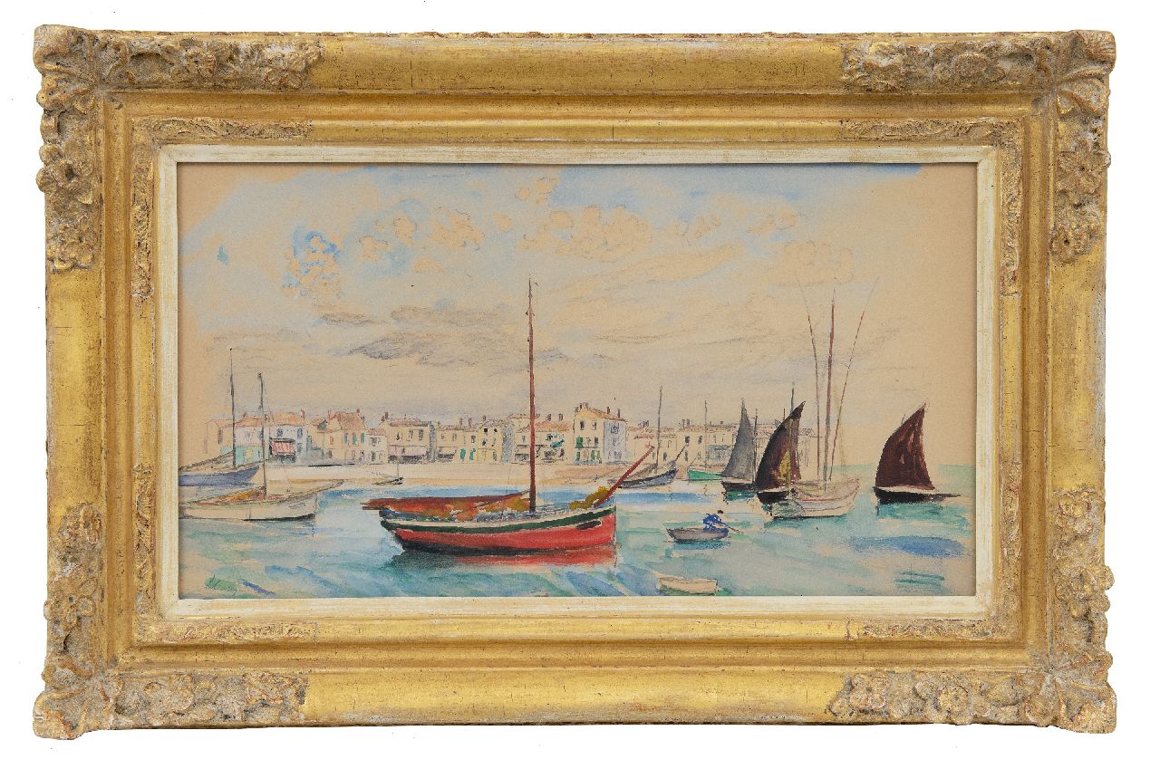 Lebasque H.  | Joseph 'Henri' Baptiste Lebasque, Red barge in Saint-Tropez harbour, pencil and watercolour on paper 24.0 x 44.7 cm, signed l.l.