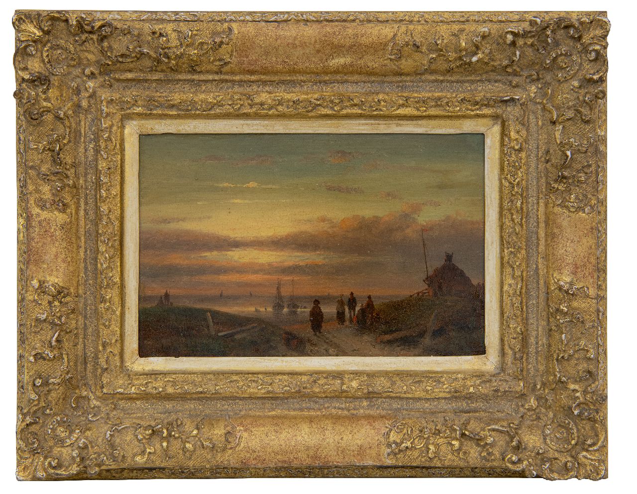 Leickert C.H.J.  | 'Charles' Henri Joseph Leickert | Paintings offered for sale | Evening landscape with fishermen near the beach, oil on panel 12.0 x 18.3 cm, signed l.l. with monogram