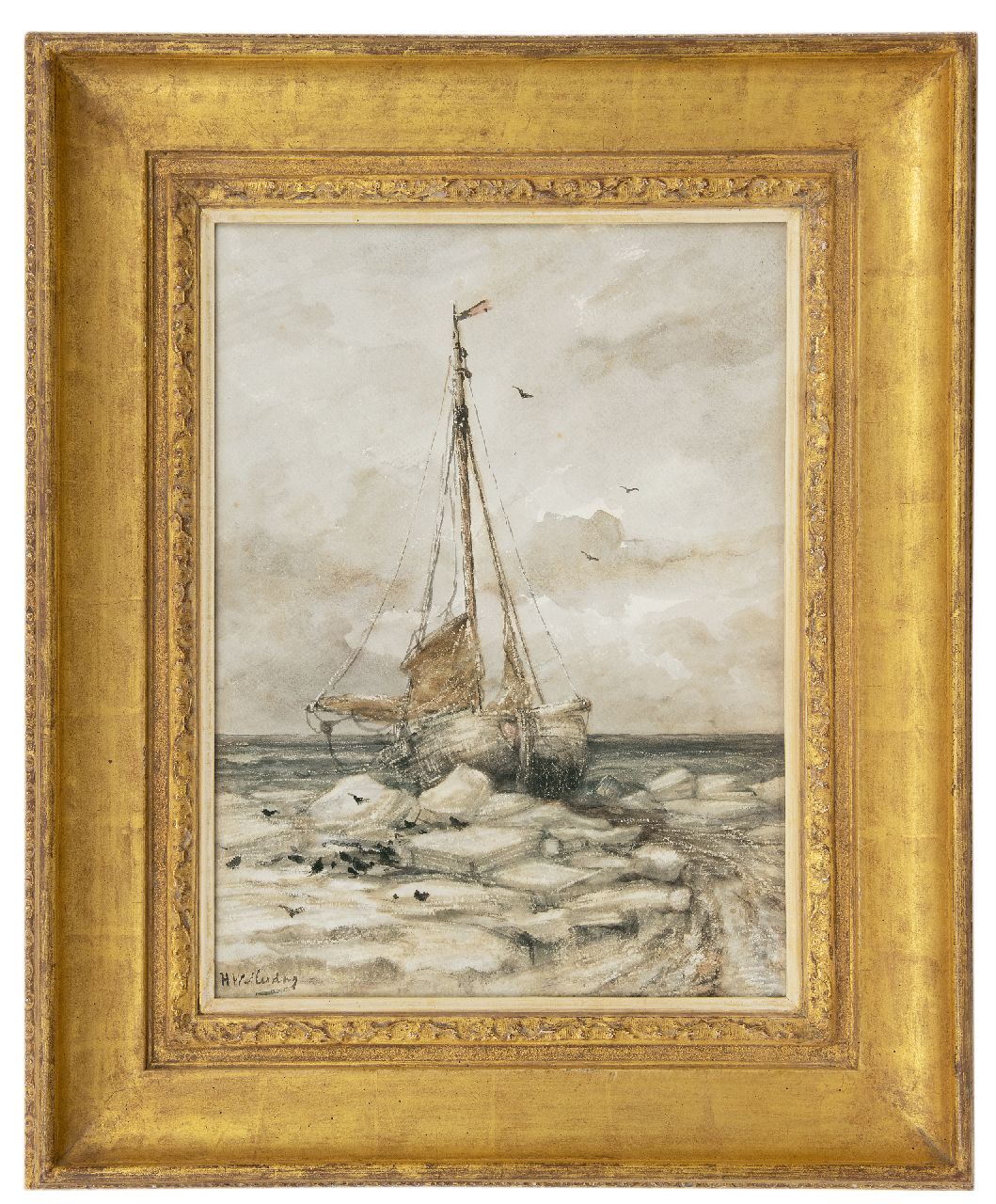 Mesdag H.W.  | Hendrik Willem Mesdag, Fishing boat on the beach between ice floes, watercolour on paper 53.0 x 39.7 cm, signed l.l. and painted ca. 1891