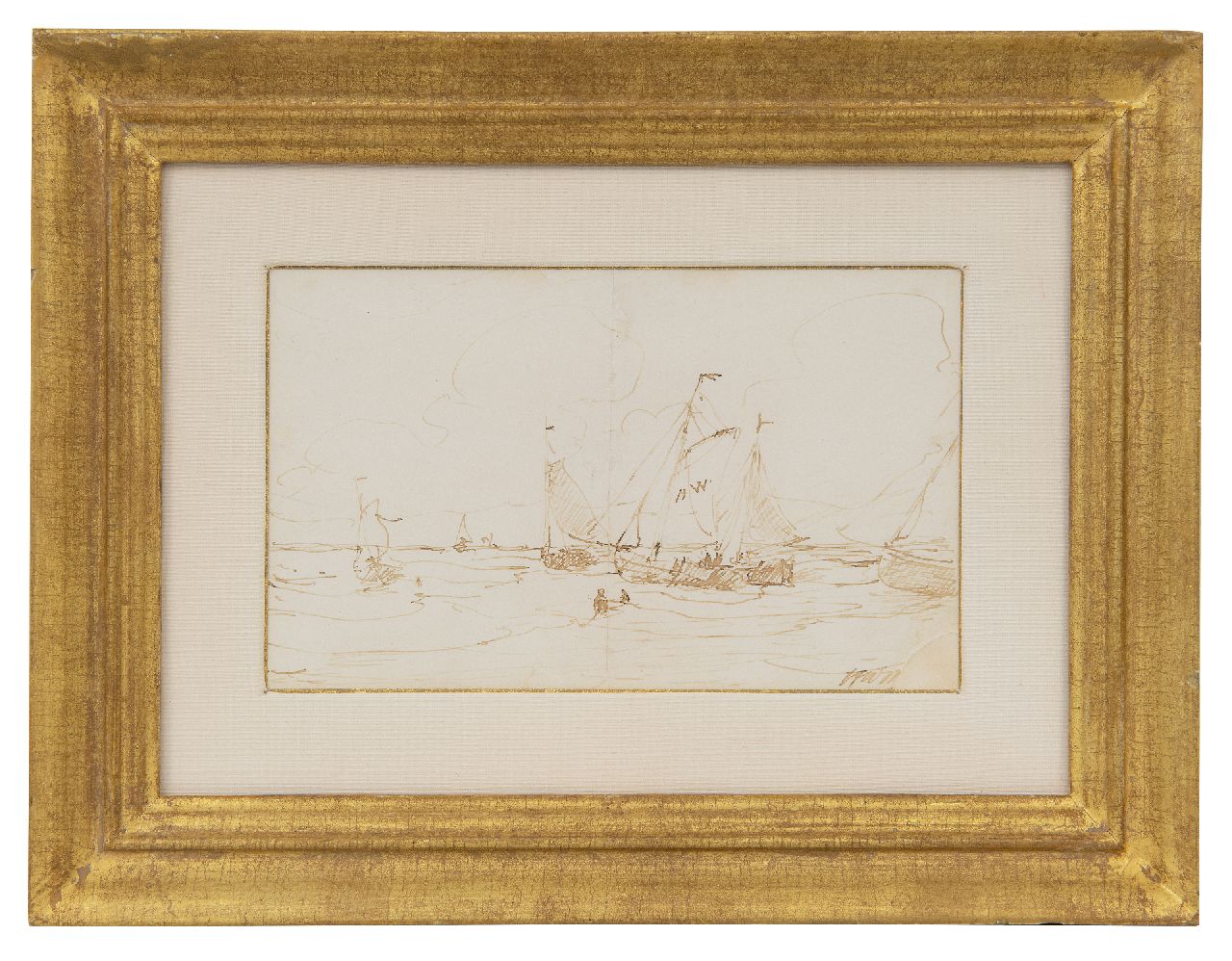 Mesdag H.W.  | Hendrik Willem Mesdag, Lineman and bomb barges in the surf, pen and ink on paper 11.5 x 18.0 cm, signed l.r. with initials