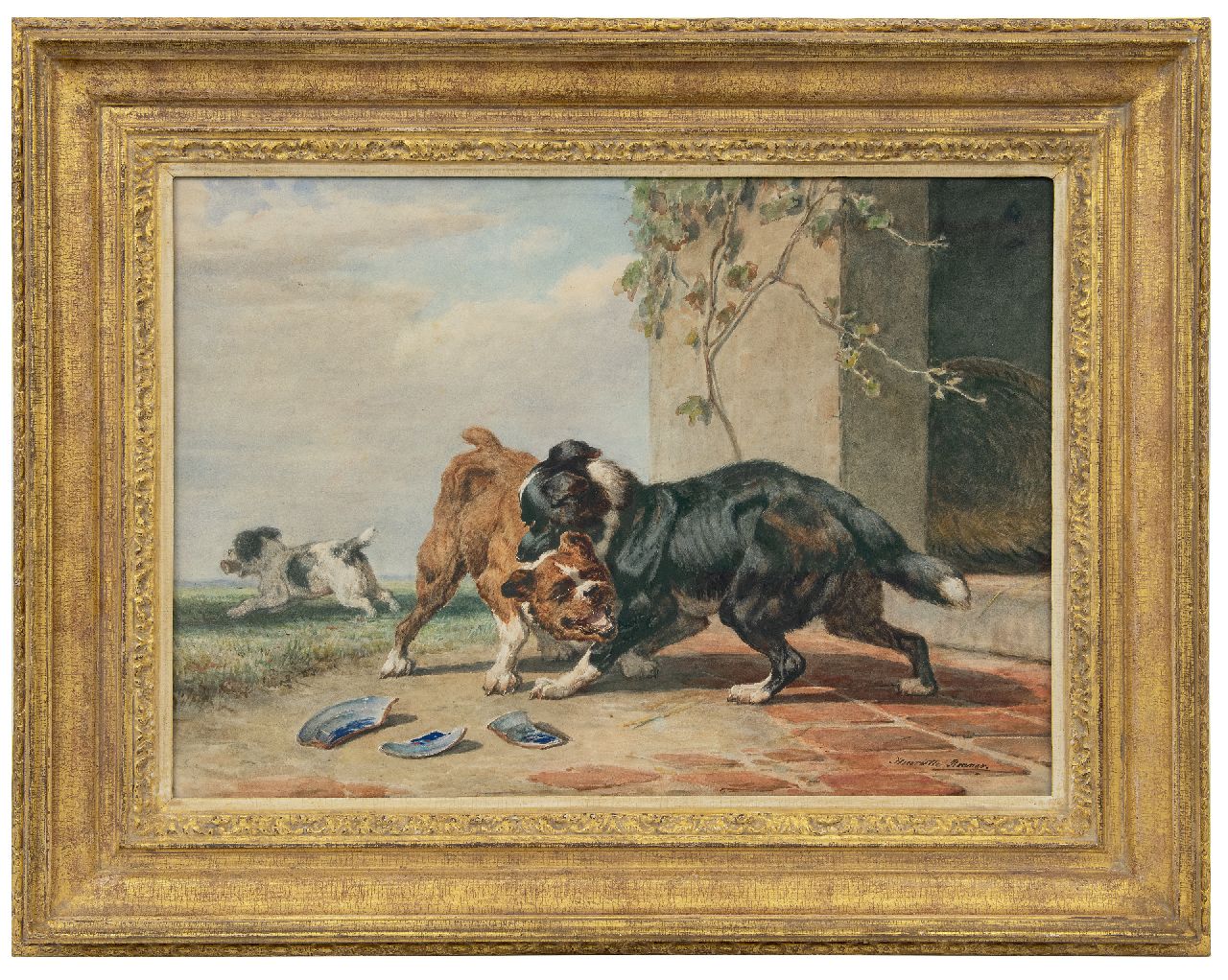 Ronner-Knip H.  | Henriette Ronner-Knip | Watercolours and drawings offered for sale | While two dogs are fighting for a bone..., watercolour on paper 45.5 x 65.0 cm, signed l.r.