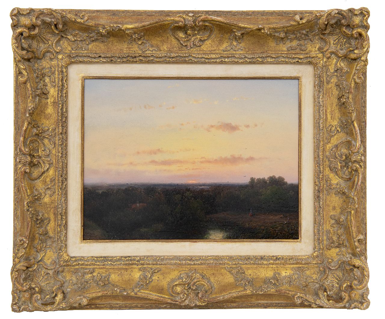 Schelfhout A.  | Andreas Schelfhout | Paintings offered for sale | Panoramic landscape at sunset, oil on panel 21.8 x 29.1 cm, signed l.l. and dated '51