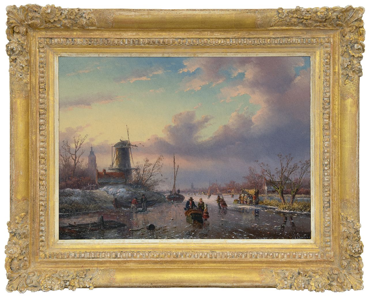 Spohler J.J.  | Jan Jacob Spohler | Paintings offered for sale | Skaters and 'koek-en-zopie' on a frozen river, oil on panel 43.0 x 59.0 cm, signed l.r.