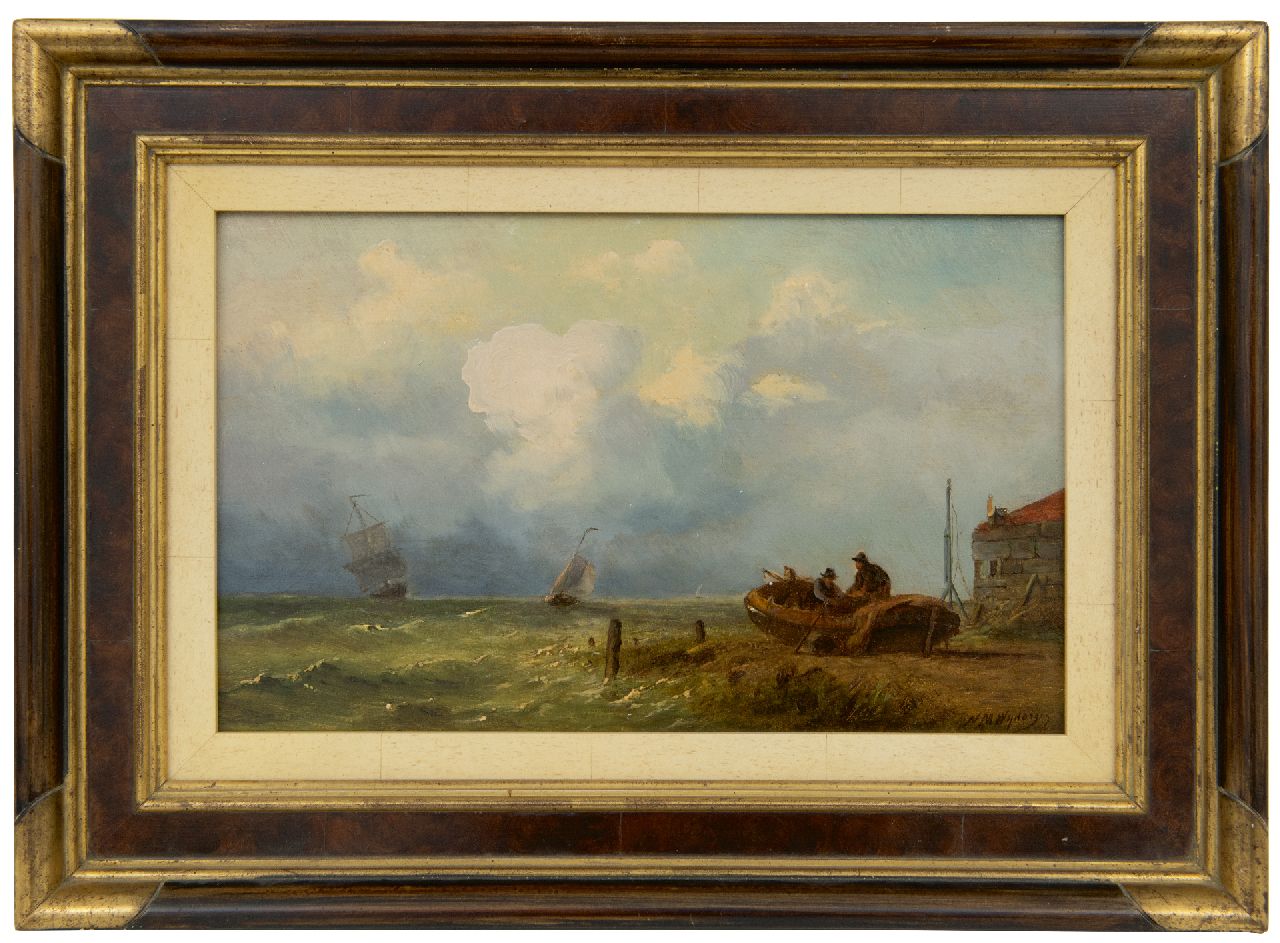 Wijdoogen N.M.  | Nicolaas Martinus Wijdoogen, Fisherman at work along a shoreline, oil on panel 17.8 x 28.3 cm, signed l.r.