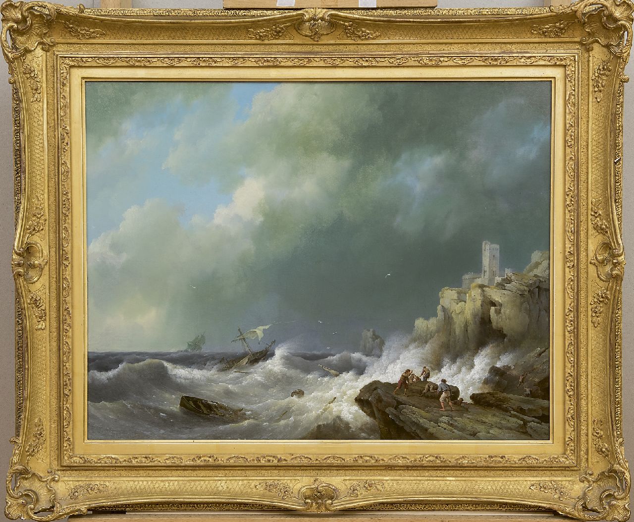 Koekkoek H.  | Hermanus Koekkoek | Paintings offered for sale | Shipwreck near a rocky coast, oil on panel 42.5 x 55.5 cm, signed l.r. and dated 1834