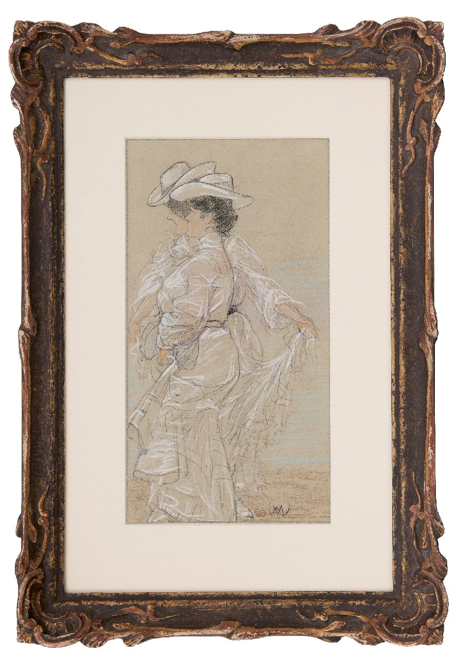 Vaarzon Morel W.F.A.I.  | Wilhelm Ferdinand Abraham Isaac 'Willem' Vaarzon Morel, Two ladies at the beach, pencil and pastel on paper 31.6 x 17.8 cm, signed l.r. with monogram