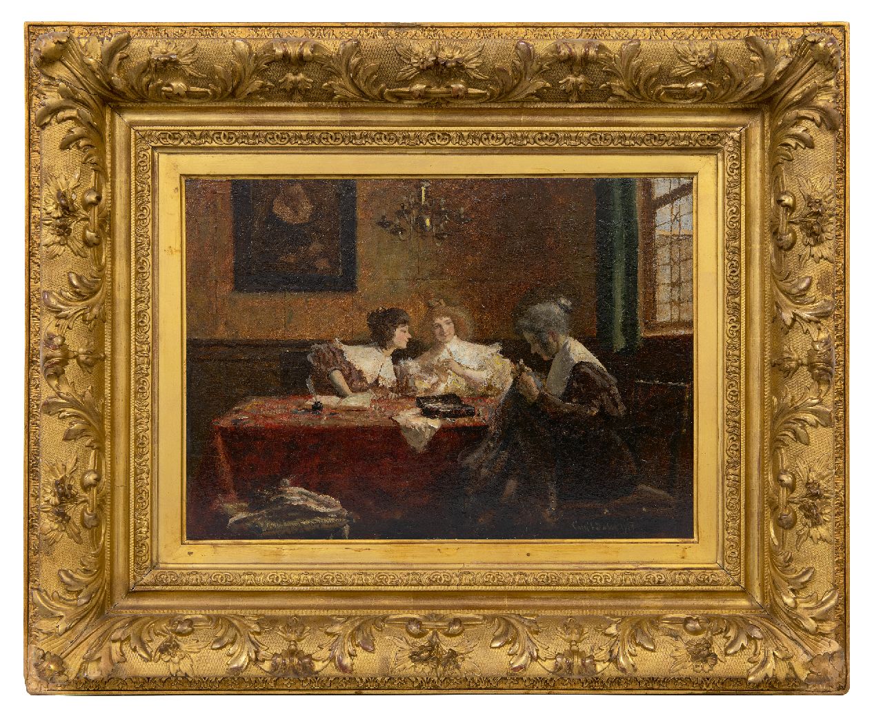 Dake C.L.  | Carel Lodewijk Dake | Paintings offered for sale | Three women in an interior, oil on panel 34.9 x 49.1 cm, signed l.r. and dated 1908