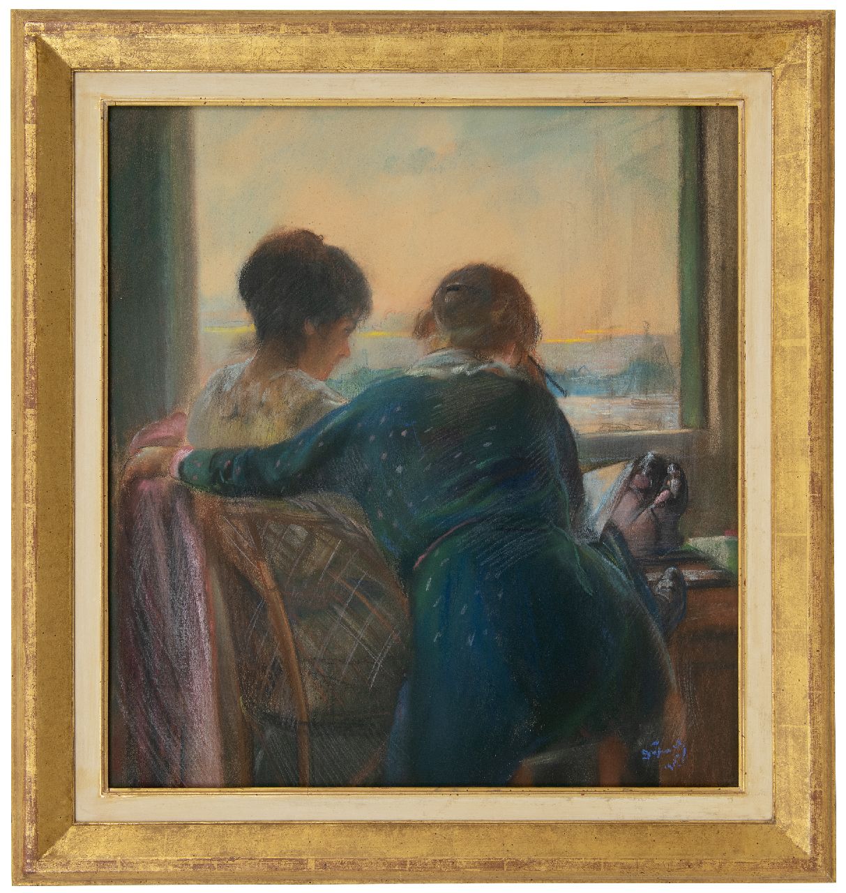 Dijkwel M.  | Mattheus 'Theo' Dijkwel, Two girls at the window, pastel on paper 55.0 x 50.7 cm, signed l.r. and dated 1915