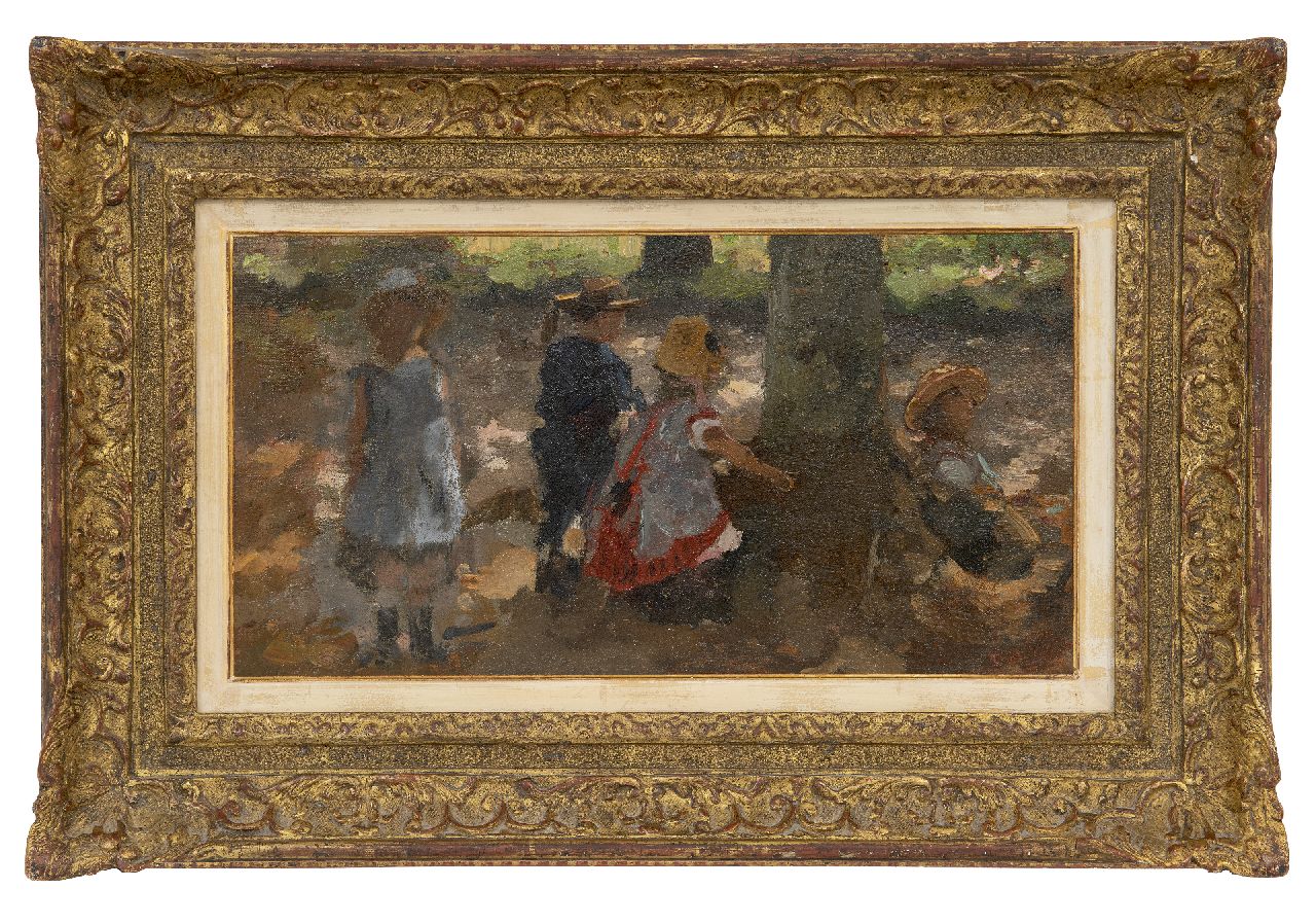 Tholen W.B.  | Willem Bastiaan Tholen, Children playing in the Scheveningse Bosjes, The Hague, oil on canvas laid down on panel 23.6 x 43.5 cm, signed l.r.