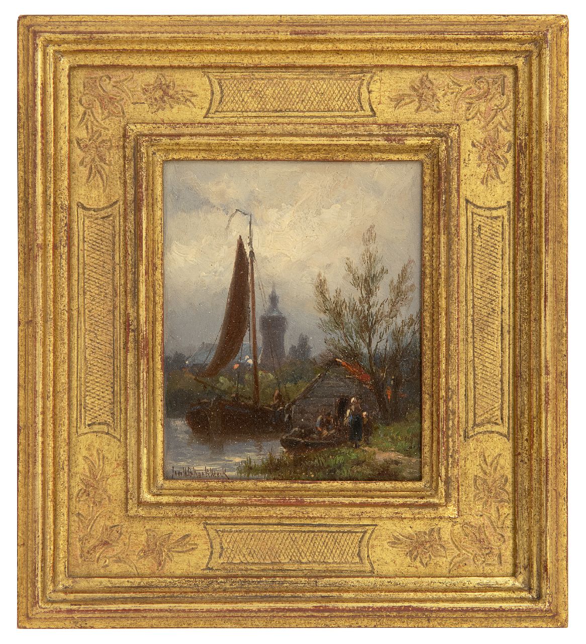 Koekkoek J.H.B.  | Johannes Hermanus Barend 'Jan H.B.' Koekkoek, A canal with barges and figures, oil on panel 11.4 x 9.3 cm, signed l.l.