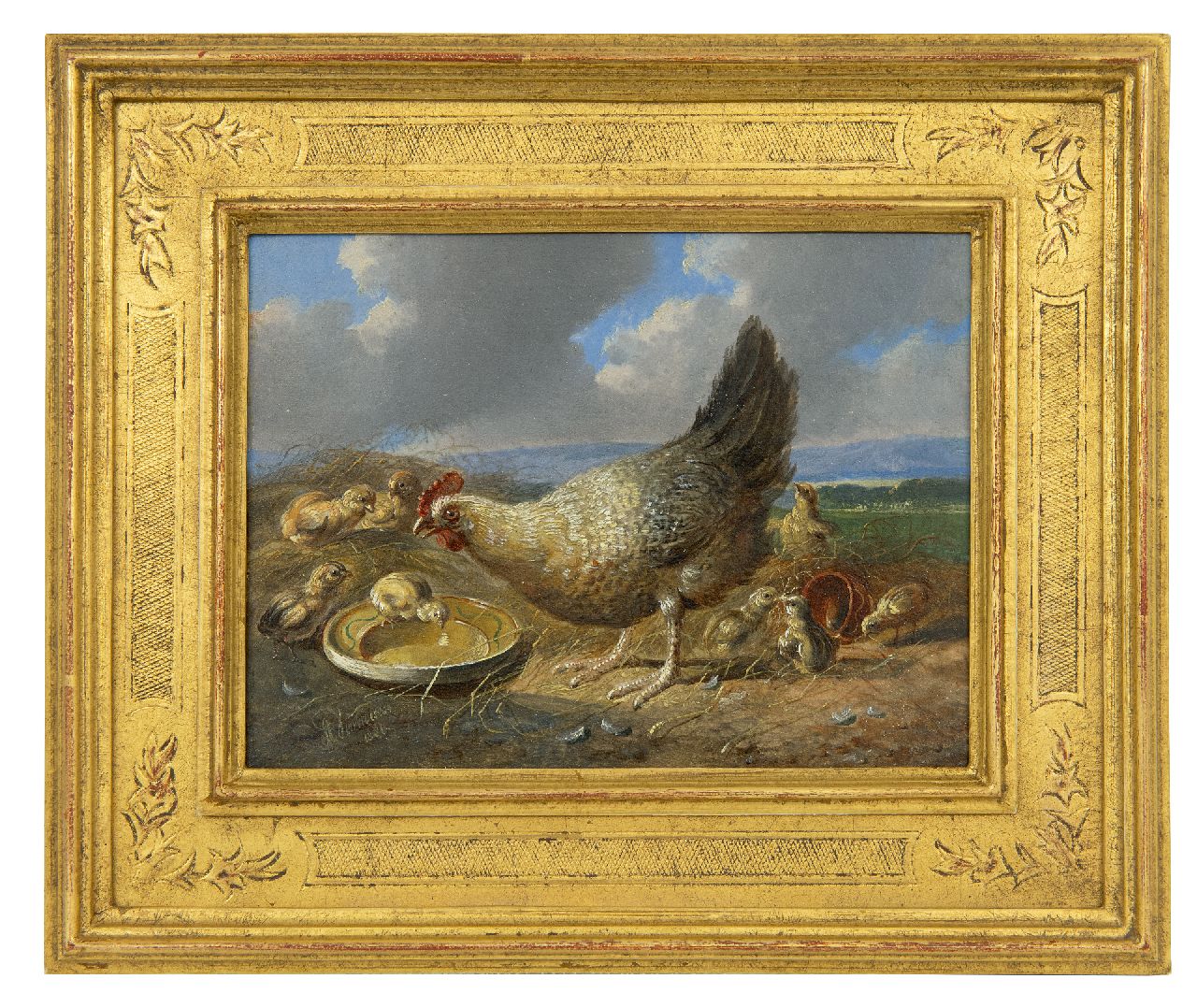 Verhoesen A.  | Albertus Verhoesen | Paintings offered for sale | Hen with chicks in extensive landscape (pair with 21929), oil on panel 14.5 x 19.3 cm, signed l.r. and dated 1880