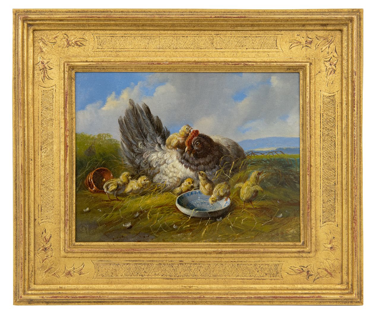 Verhoesen A.  | Albertus Verhoesen | Paintings offered for sale | Hen with chicks in a landscape (pair with 21928), oil on panel 14.7 x 19.2 cm, signed l.l. and dated 1880