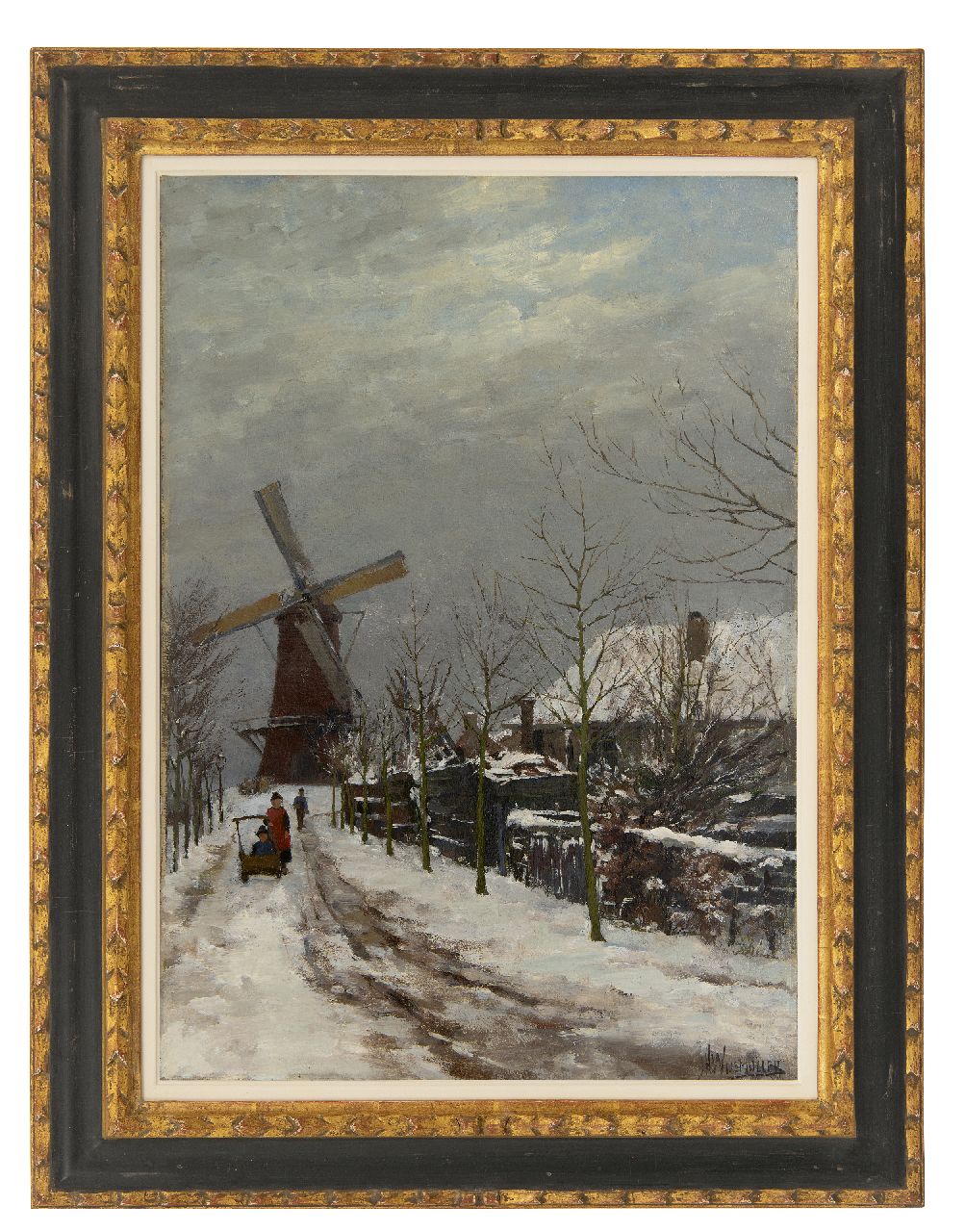 Wijsmuller J.H.  | Jan Hillebrand Wijsmuller | Paintings offered for sale | Children in the snow at a windmill, oil on canvas 57.3 x 41.0 cm, signed l.r.