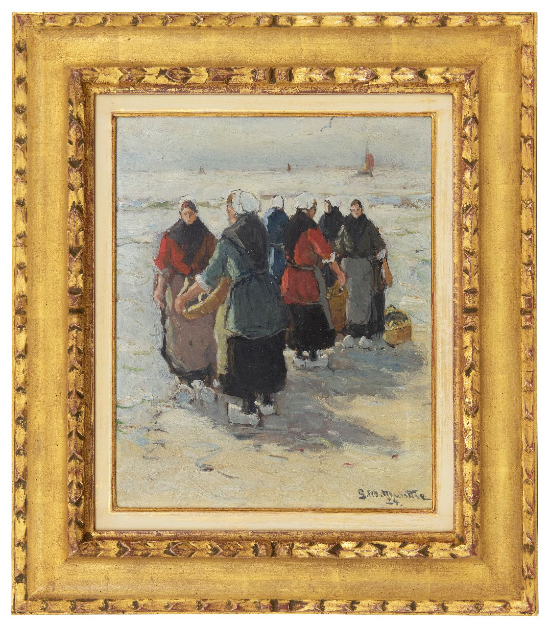 Munthe G.A.L.  | Gerhard Arij Ludwig 'Morgenstjerne' Munthe, Waiting for the catch on the beach in Katwijk, oil on board 32.4 x 26.4 cm, signed l.r. and dated '24