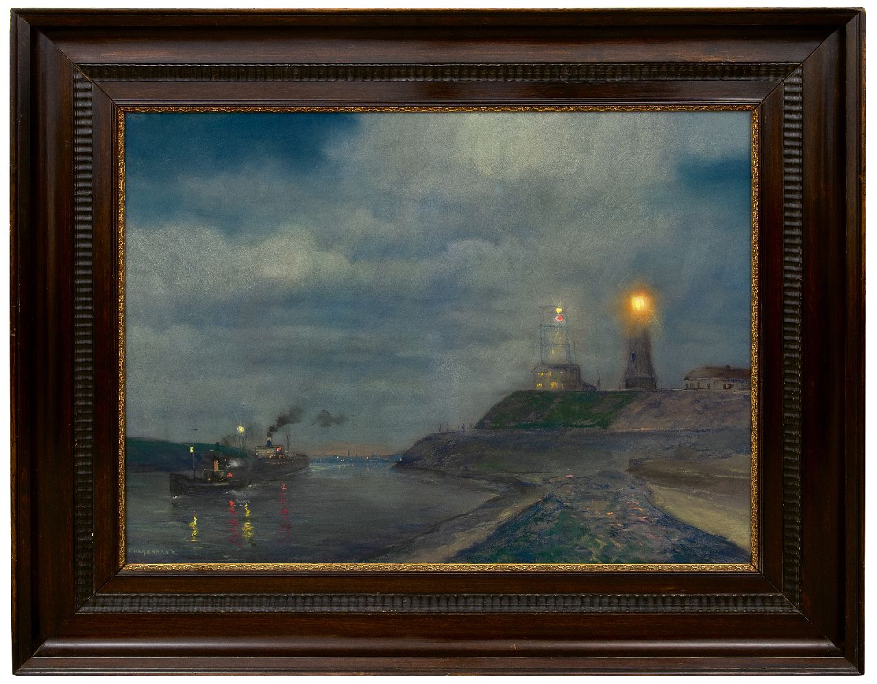 Heijenbrock J.C.H.  | Johan Coenraad Hermann 'Herman' Heijenbrock | Watercolours and drawings offered for sale | Harbour of IJmuiden at dusk with the lighthouse and semaphore, pastel on paper 64.5 x 86.5 cm, signed l.l.