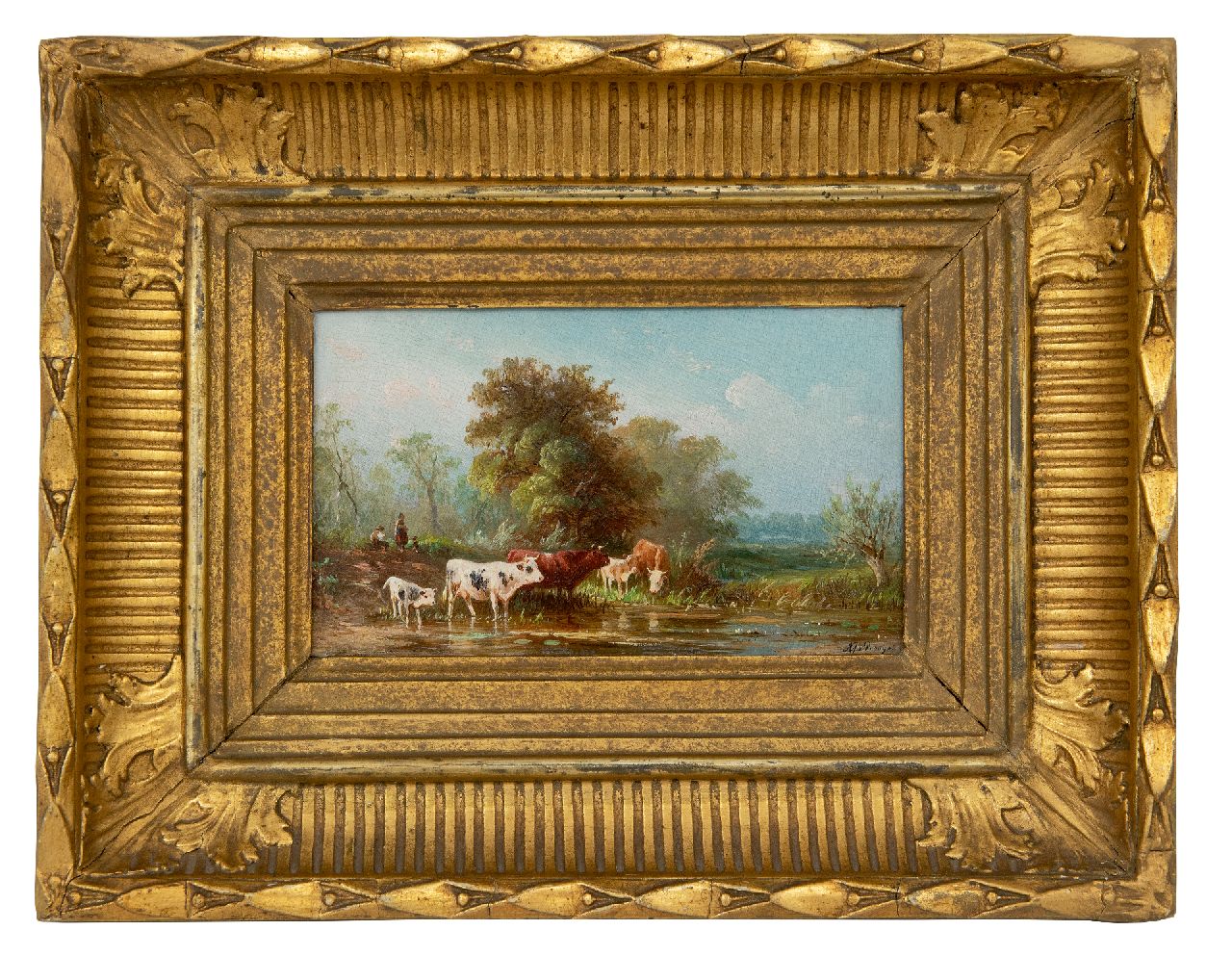 Prooijen A.J. van | Albert Jurardus van Prooijen, Landscape with wading cattle, oil on panel 8.7 x 15.0 cm, signed l.r.