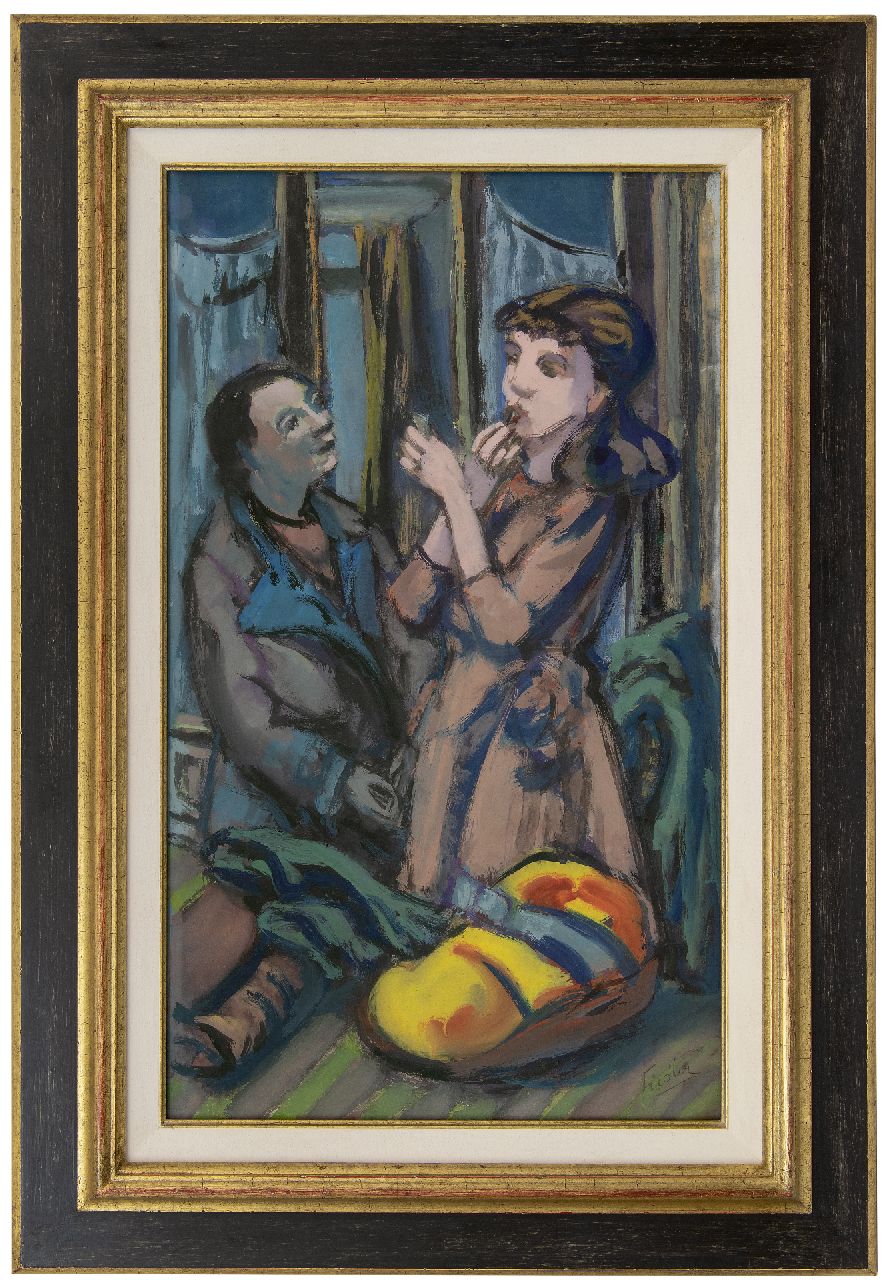 Fiedler O.H.  | Otto 'Herbert' Fiedler | Watercolours and drawings offered for sale | A man and a woman in a bar, gouache on paper laid down on board 64.8 x 39.7 cm, signed l.r.