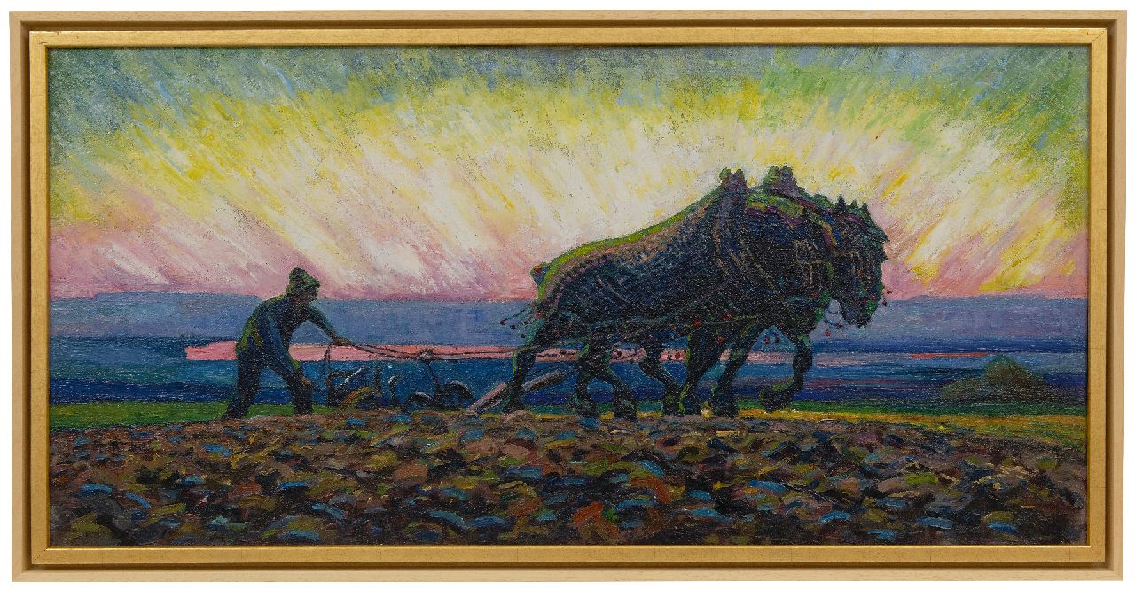 Gouwe A.H.  | Adriaan Herman Gouwe | Paintings offered for sale | Plowing horses at sunrise, oil on canvas 47.9 x 98.9 cm