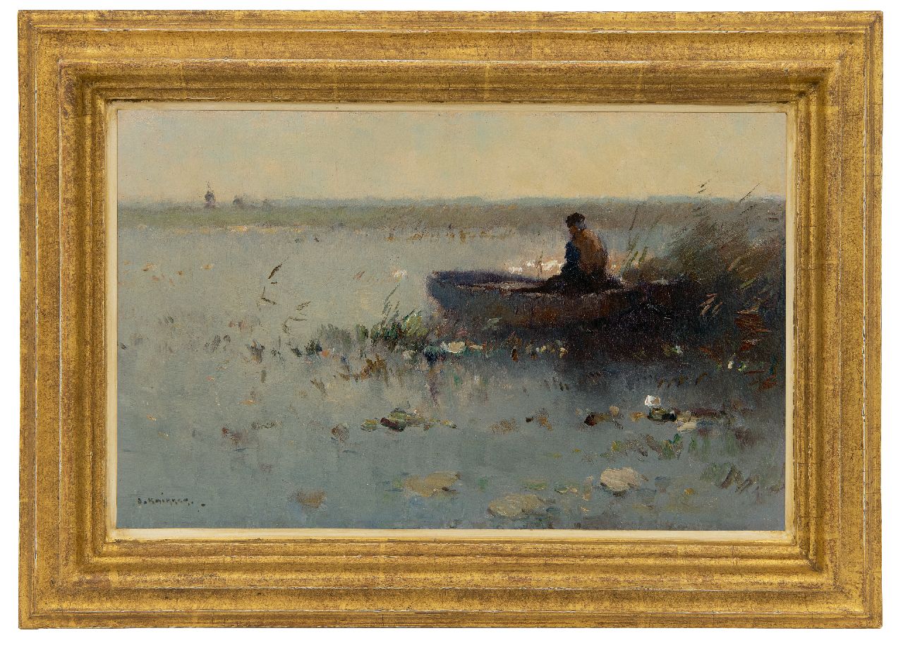 Knikker A.  | Aris Knikker | Paintings offered for sale | Fisherman in a boat in the reeds, oil on panel 22.0 x 35.0 cm, signed l.l.