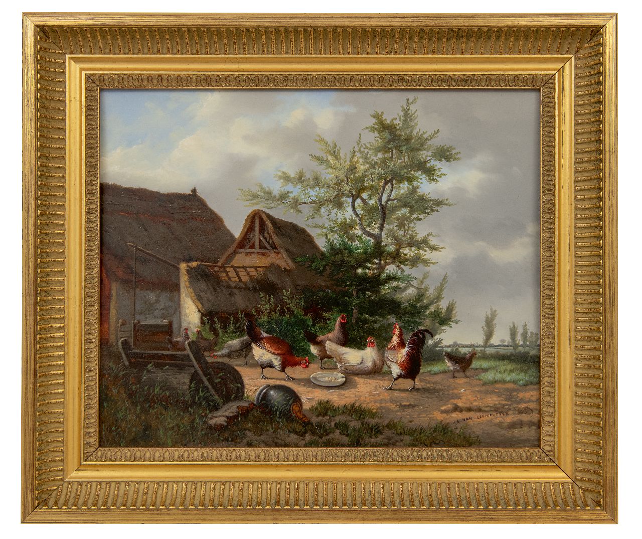 Leemputten J.L. van | Jean-Baptiste Leopold van Leemputten | Paintings offered for sale | Farmyard with rooster and chickens, oil on panel 28.1 x 33.7 cm, signed l.r. and dated 1863