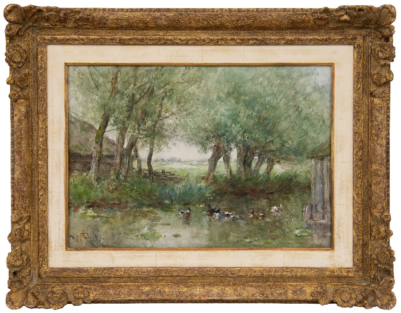 Roelofs W.  | Willem Roelofs, Ducks in the water under willow trees, watercolour on paper 33.7 x 47.9 cm, signed l.l.