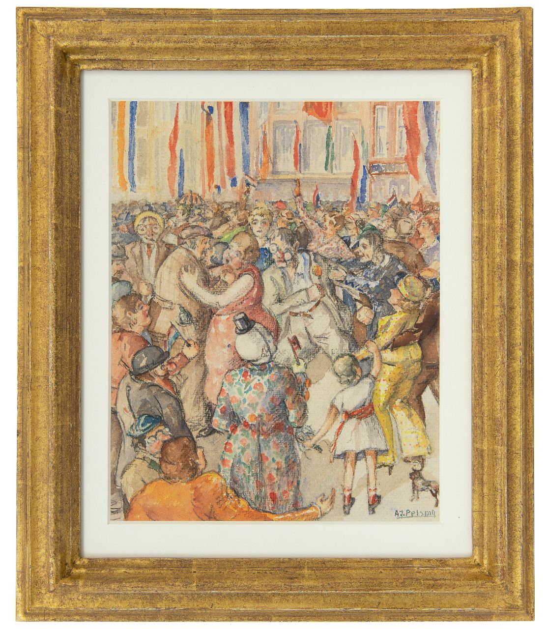 Pelsma A.J.  | Anne Jan Pelsma | Watercolours and drawings offered for sale | Street party, crayon and watercolour on paper 29.5 x 23.5 cm, signed l.r.