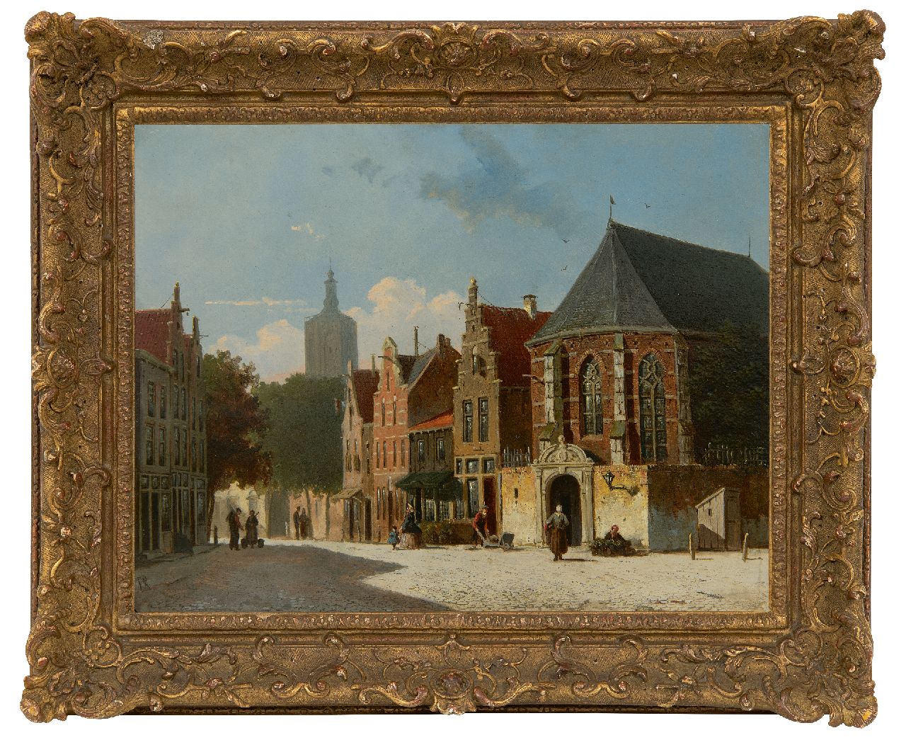 Roosdorp F.  | Frederik Roosdorp, The Groen market in The Hague with the tower of the Grote church in the distance, oil on panel 26.5 x 33.5 cm, signed l.l. with monogram