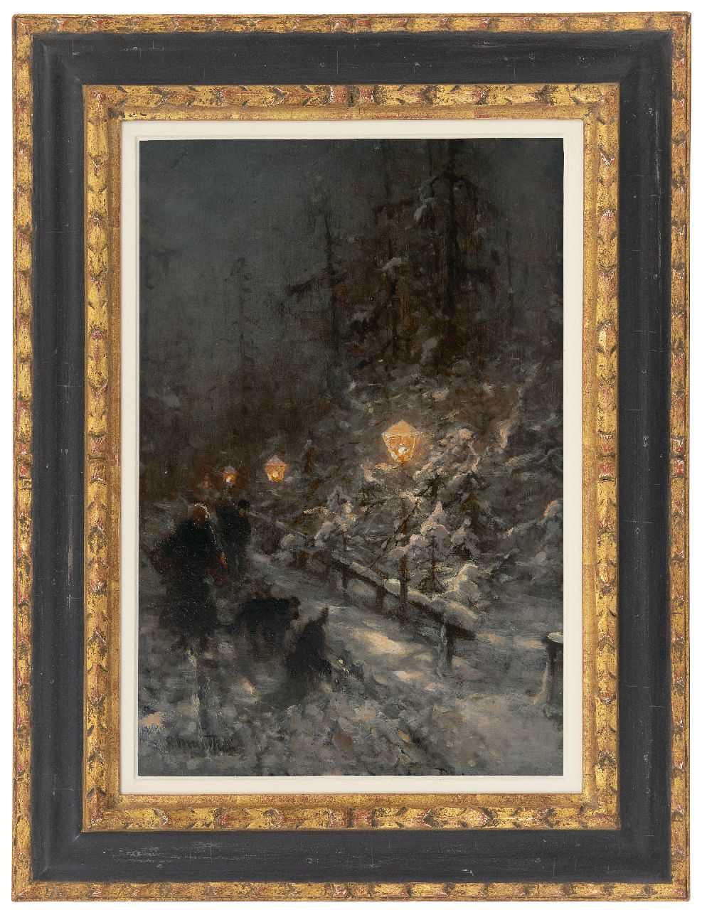 Munthe L.  | Ludwig Munthe, Snowy road with figures by lamplight, oil on panel 40.9 x 27.7 cm, signed l.l.