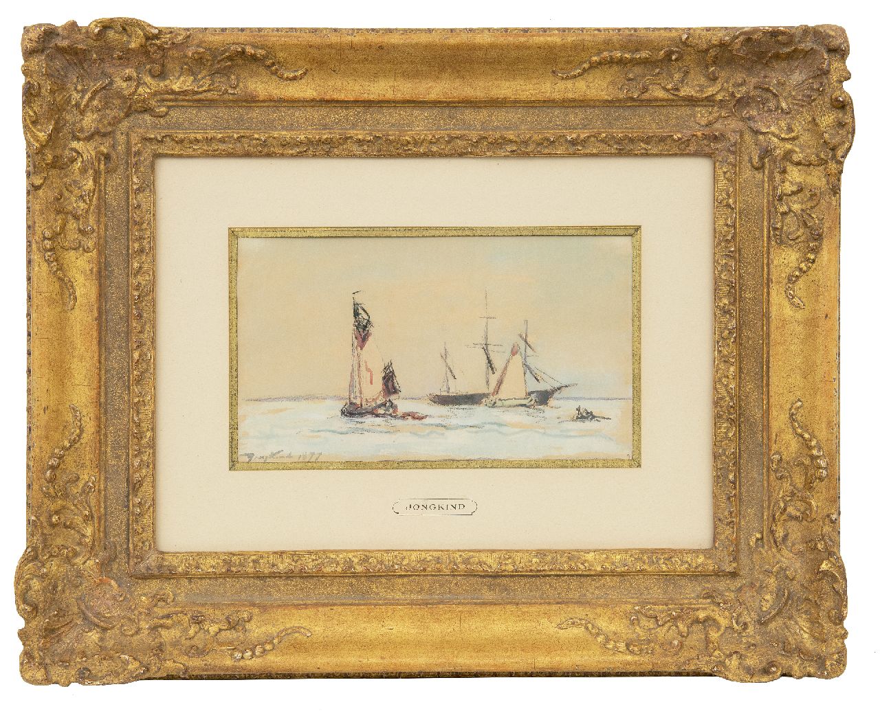 Jongkind J.B.  | Johan Barthold Jongkind, Sailing ships on a river, crayon and watercolour on paper 15.0 x 26.0 cm, signed l.l. and dated 1877